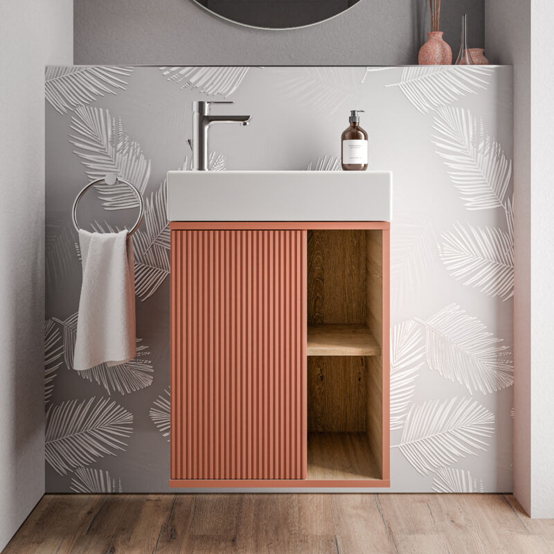 Image of Mobile da bagno beldivo 50cm con lavabo bianco - cerniera anta sinistra - colore selezionabile Matt apricot (en)