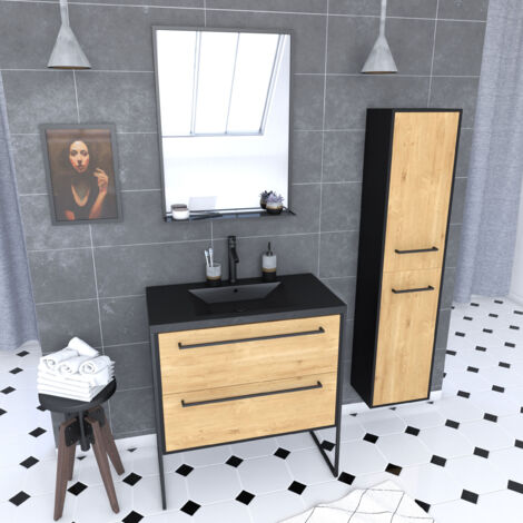 Mobile da bagno bianco 80 cm + lavabo nero effetto pietra + specchio + colonna contenitore