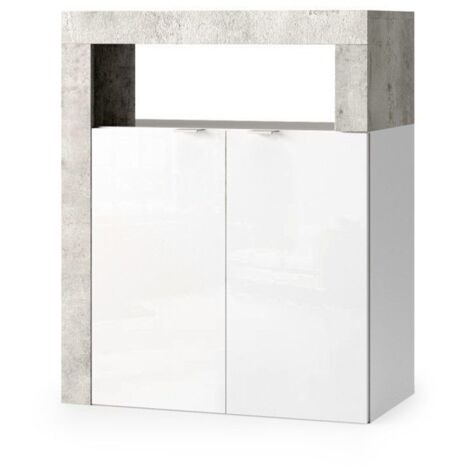 Mobile da bagno BURA – 2 porte, 2 scaffali – Bianco lucido laccato e grigio effetto cemento
