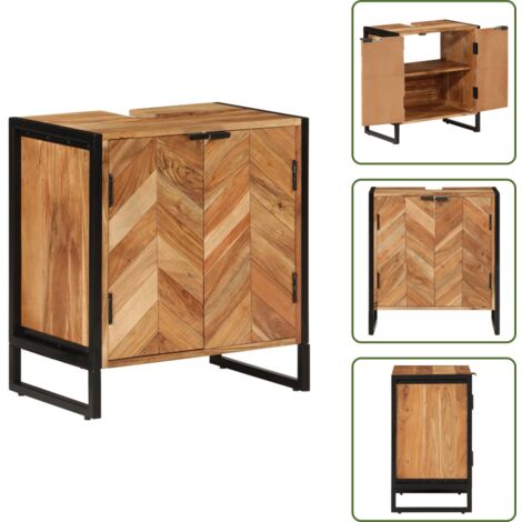 Mobile da bagno con ante - vidaXL Mobile da Bagno 55x35x60 cm in Legno Massello di Acacia e Ferro - Mobile da bagno con ripiani