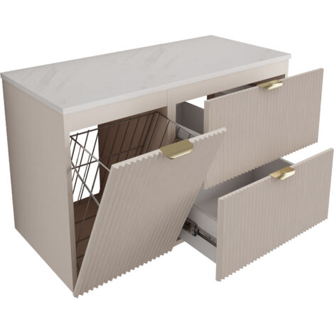 Mobile da bagno con frontale scanalato 100 cm (60+40) Cesto portabiancheria, noce scuro (MDF), frontali bianchi, maniglia dorata, 100 x 47 x 60 cm