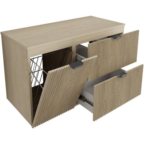 Mobile da bagno con frontale scanalato 100 cm (60+40) con cesto portabiancheria, noce chiaro (MDF), con frontale nero, maniglia nera, 100 x 47 x 60 cm