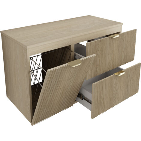 Mobile da bagno con frontale scanalato 100 cm (60+40) con cesto portabiancheria, noce chiaro (MDF), frontale nero, maniglia dorata, 100 x 47 x 60 cm
