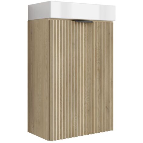 Mobile da bagno con frontale scanalato 40 cm con lavabo, noce chiaro (MDF), con frontale cashmere, con maniglia nera, 40,5 × 22,5 × 57 cm