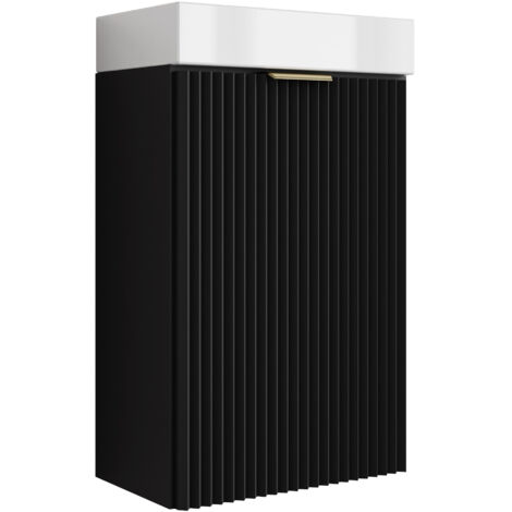 Mobile da bagno con frontale scanalato 40 cm con lavabo, noce chiaro (MDF), con frontale nero, con maniglia dorata, 40,5 × 22,5 × 57 cm