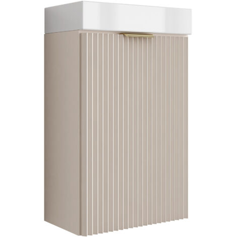 Mobile da bagno con frontale scanalato 40 cm con lavabo, noce scuro (MDF), con frontali bianchi, con maniglia dorata, 40,5 × 22,5 × 57 cm