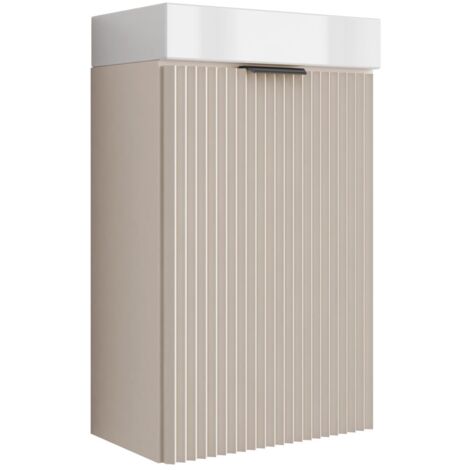 Mobile da bagno con frontale scanalato 40 cm con lavabo, noce scuro (MDF), con frontali bianchi, con maniglia nera, 40,5 × 22,5 × 57 cm