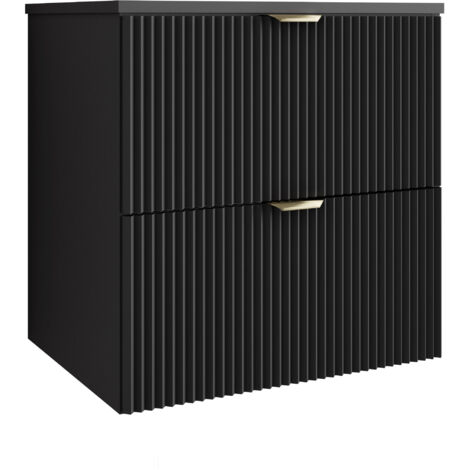 Mobile da bagno con frontale scanalato 60 cm con 2 cassetti, noce chiaro (MDF), con frontale bianco, con maniglia dorata, 60 x 47 x 60 cm