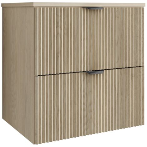 Mobile da bagno con frontale scanalato 60 cm con 2 cassetti, noce chiaro (MDF), con frontale nero, con maniglia nera, 60 x 47 x 60 cm