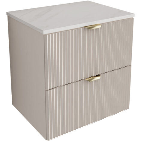 Mobile da bagno con frontale scanalato 60 cm con 2 cassetti, noce scuro (MDF), con frontali bianchi, con maniglia dorata, 60 x 47 x 60 cm