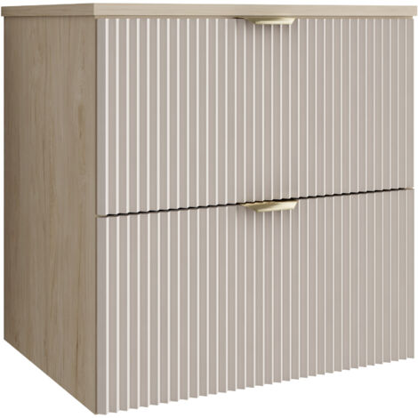Mobile da bagno con frontale scanalato 80 cm con 2 cassetti, bianco con piano in marmo (MDF), con maniglia dorata, 80 x 47 x 60 cm