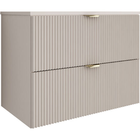 Mobile da bagno con frontale scanalato 80 cm con 2 cassetti, noce chiaro (MDF), con frontale cashmere, con maniglia dorata, 80 x 47 x 60 cm