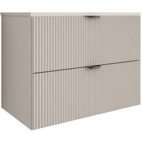 Mobile da bagno con frontale scanalato 80 cm con 2 cassetti, noce chiaro (MDF), con frontale cashmere, con maniglia nera, 80 x 47 x 60 cm