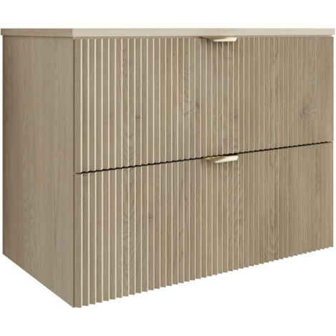 Mobile da bagno con frontale scanalato 80 cm con 2 cassetti, noce chiaro (MDF), con frontale nero, con maniglia dorata, 80 x 47 x 60 cm