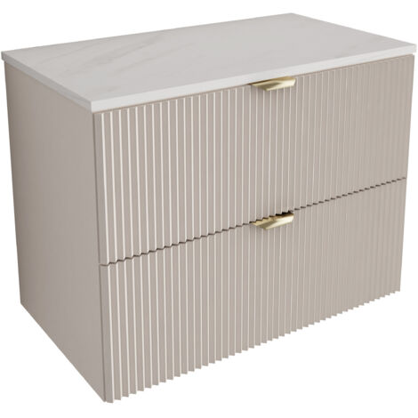 Mobile da bagno con frontale scanalato 80 cm con 2 cassetti, noce scuro (MDF), con frontali bianchi, con maniglia dorata, 80 x 47 x 60 cm