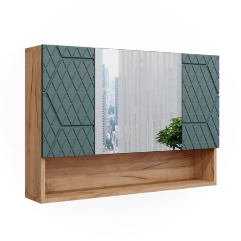 Mobile da bagno con specchio Irma, Quercia verde/oro, 80.1 x 55 cm, Vicco