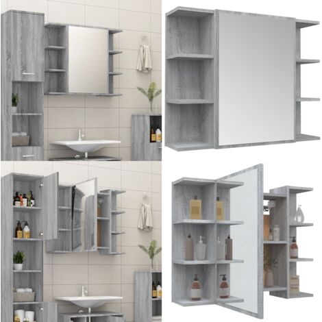 Mobile da Bagno Grigio Sonoma 80x20,5x64cm in Legno Multistrato - Armadietto con specchio - Mobile da bagno