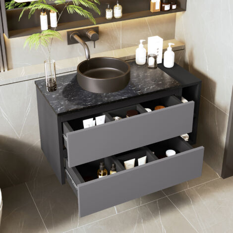 Mobile da bagno, lavabo bagno a parete, lavabo in ceramica, 2 cassetti, senza rubinetteria, 80x44x48,5 cm, grigio