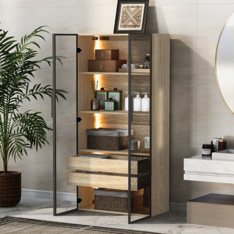 Mobile da bagno medio con fascia luminosa, larghezza 73 cm, con 2 cassetti grandi e 2 ante, anta in vetro