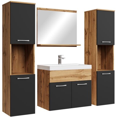 Mobiletto Da Bagno AURLANE Timber – 60 Cm, Finitura Rovere Naturale, Lavabo Nero E Specchio LED Inclusi, 2 Ante - 3