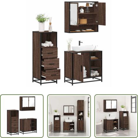 Mobile da bagno -  Set Mobili da Bagno 3 pz Rovere Marrone in Legno Multistrato