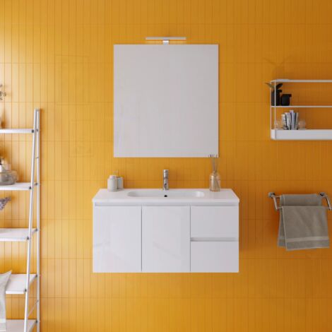 Mobile da Bagno Sospeso 100cm Bianco Lucido con Lavabo Incluso e Specchio Inclusi Mod. Rata