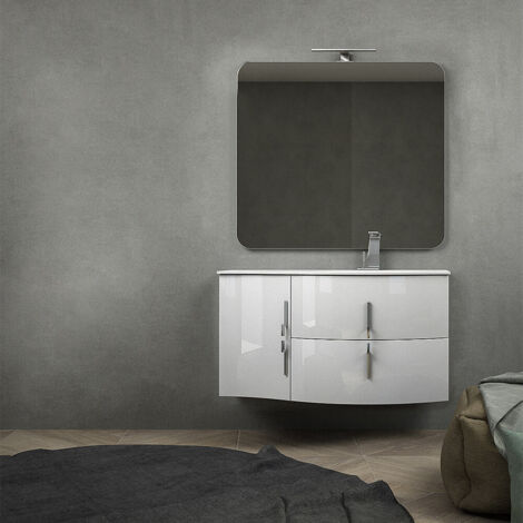 Mobile da bagno sospeso 105 cm Bianco lucido  con colonna da 170 cm e lavabo a destra