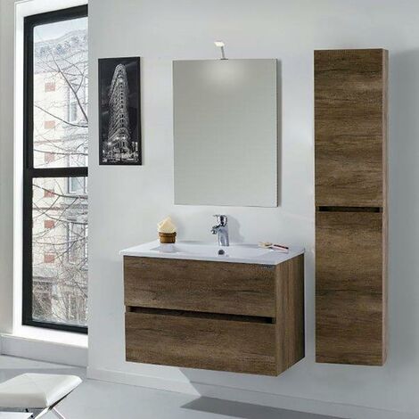 Mobile da Bagno Sospeso 70cm Colonna P32cm Mazzoni Maiorca Light Noce Scuro Frassinato