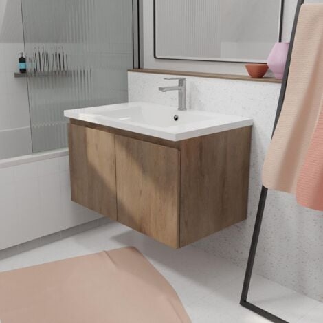Mobile da bagno sospeso 75 cm Decorazione in legno chiaro - 2 porte - Lavabo bianco - ELEMENTARY