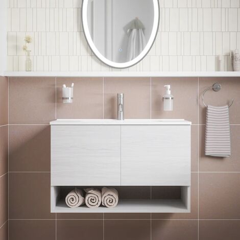 Mobile da Bagno Sospeso 80 cm Bianco Effetto Legno con Due Ante, Vano a Giorno e Lavabo Incluso Incluso Mod. Sauris