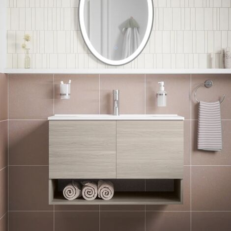 Mobile da Bagno Sospeso 80 cm Rovere Grigio con Due Ante, Vano a Giorno e Lavabo Incluso Incluso Mod. Sauris