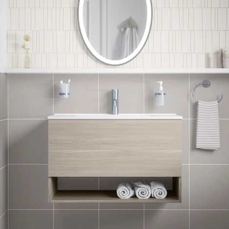 Mobile da Bagno Sospeso 80 cm Rovere Grigio con un Cassetto, Vano a Giorno e Lavabo Incluso Incluso Mod. Sauris