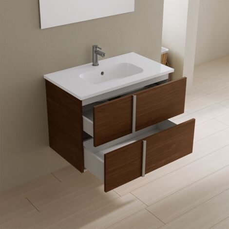 Mobile da Bagno Sospeso 80cm Noce Scuro con Lavabo Incluso e Specchio Inclusi Mod. Hoia