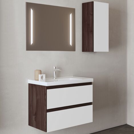 Mobile da bagno sospeso 82 cm Olmo Caffe' con lavabo e specchio LED - GRACE4