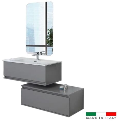 Mobile da bagno sospeso 90cm grigio con 2 cassetti separati Pastello Feridras