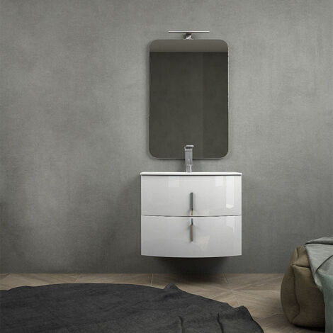 Mobile da bagno sospeso bianco lucido 70 cm  con specchio filo lucido e colonna da 170 cm