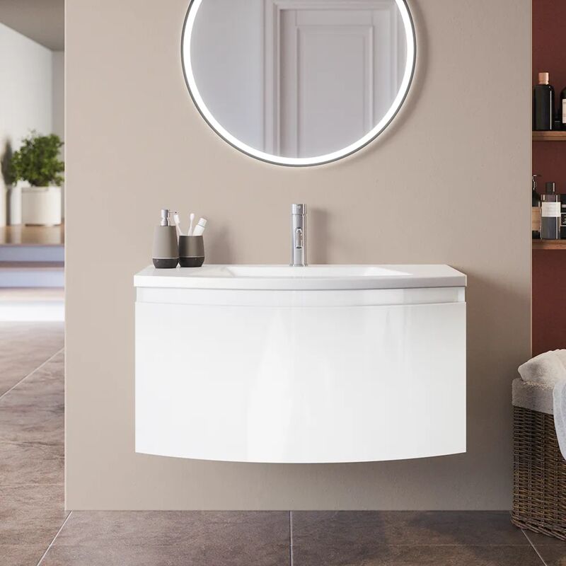 Meuble de salle de bains suspendu 60 cm blanc brillant avec un tiroir et un lavabo en céramique inclus et une façade incurvée Mod. Lula