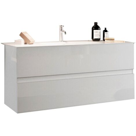 Mobile da bagno sospeso con 1 lavabo e 2 cassetti, lunghezza 82cm, collezione VIENNA. Colore bianco lucido