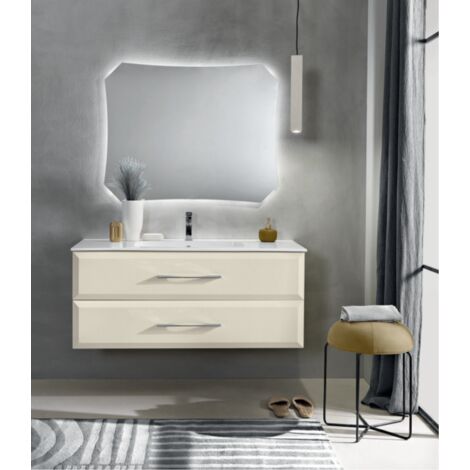Mobile da bagno sospeso moderno base 120 CLEIDE con 2 cassetti e lavabo, AVORIO OPACO