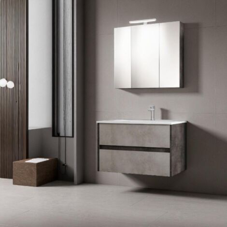 Mobile da bagno sospeso moderno con lavabo 81 cm a 2 cassettoni maniglie a gola, effetto cemento