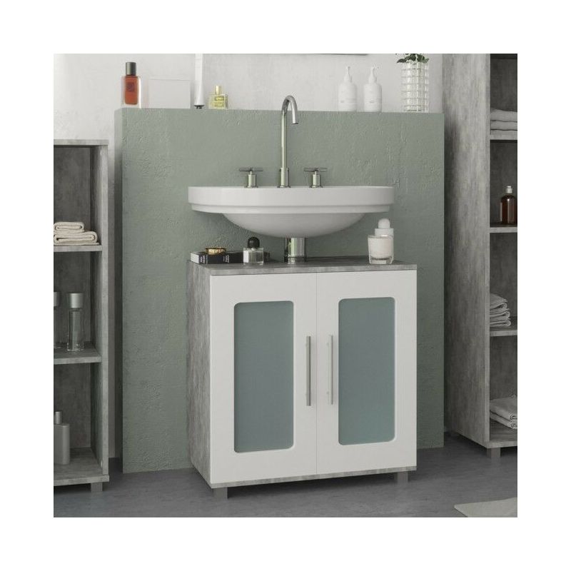 Mobiletto Bagno Sotto Lavello.Mobile Da Bagno Sotto Lavabo Lavello Copri Sifone Armadietto Con Ante In Vetro Colore Principale Grigio Cemento E Bianco 4251421900394