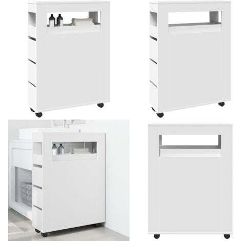 Mobile da Bagno Stretto con Ruote Bianco in Truciolato - Mobile da bagno stretto - Mobile da bagno con ruote