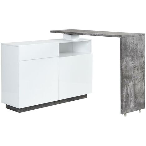 Mobile da bar girevole 2 ante, 1 cassetto e 1 nicchia MDF Bianco laccato e Calcestruzzo - ELDIR - Grigio, Bianco