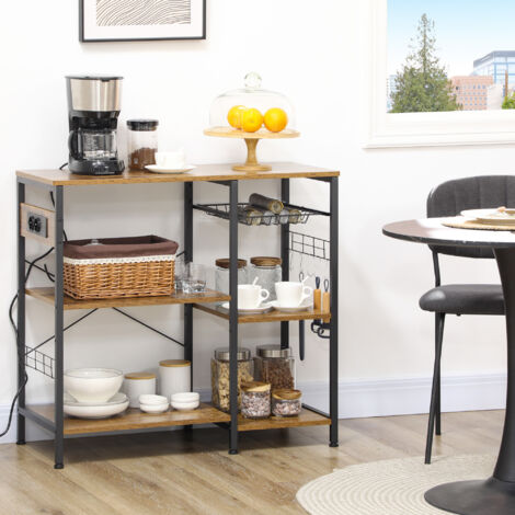 Mobile da Cucina a 3 ripiani in Truciolato con Presa di corrente, Porta USB e Cestino estraibile in Metallo, 90x40x83cm, Marrone rustico
