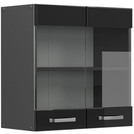 Mobile da cucina in vetro R-Line, Nero lucido, 60 cm, Vicco