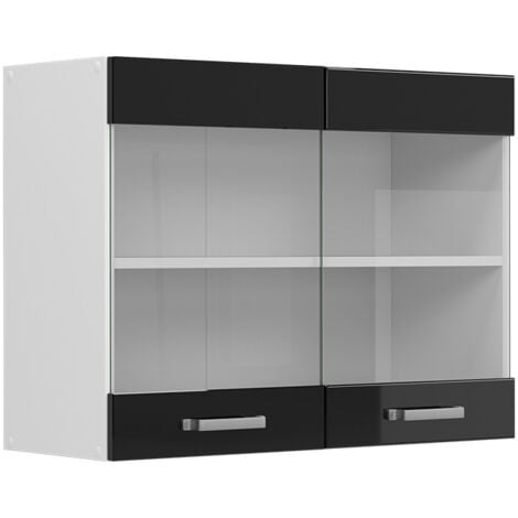 Mobile da cucina in vetro R-Line, Nero lucido, 80 cm, Vicco
