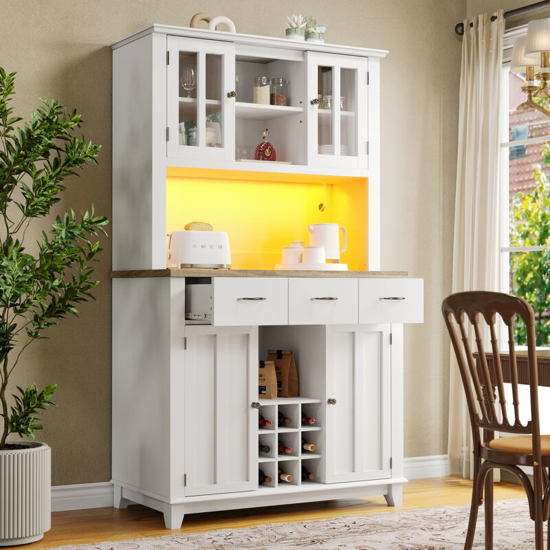 Image of Mobile da cucina, mobile alto, credenza da cucina, vetrina, credenza con ripiani regolabili, credenza con illuminazione a LED, credenza (cassetto