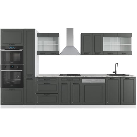Mobile da cucina R-Line, Antracite casa di campagna/bianco, 350 cm con armadio alto, senza piano di lavoro, Vicco