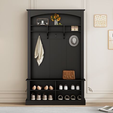 Mobile da ingresso 120x40x190 cm - con panca e ripiano porta scarpe, 3 ganci - rettangolare - nero