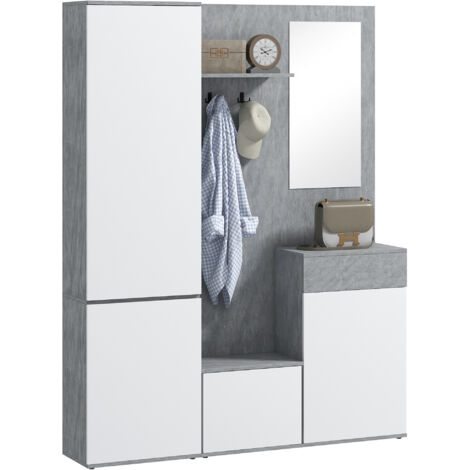 Mobile da Ingresso 4 in 1 con Specchio, Ganci e Ripiani Interni, , 145x29x184 cm, Grigio e Bianco